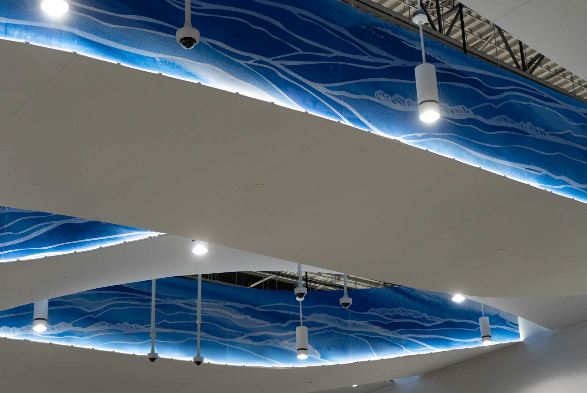 Custom Cloud System with blue illustrations on sides installed to ceiling